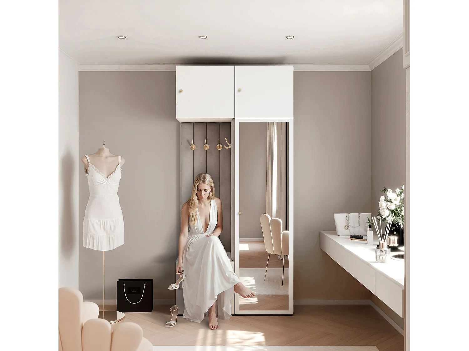 Vestiaire ARIA 10 112 cm Blanc Rembourré Gris Clair avec Miroir Soft-Close Poignées bouton Doré