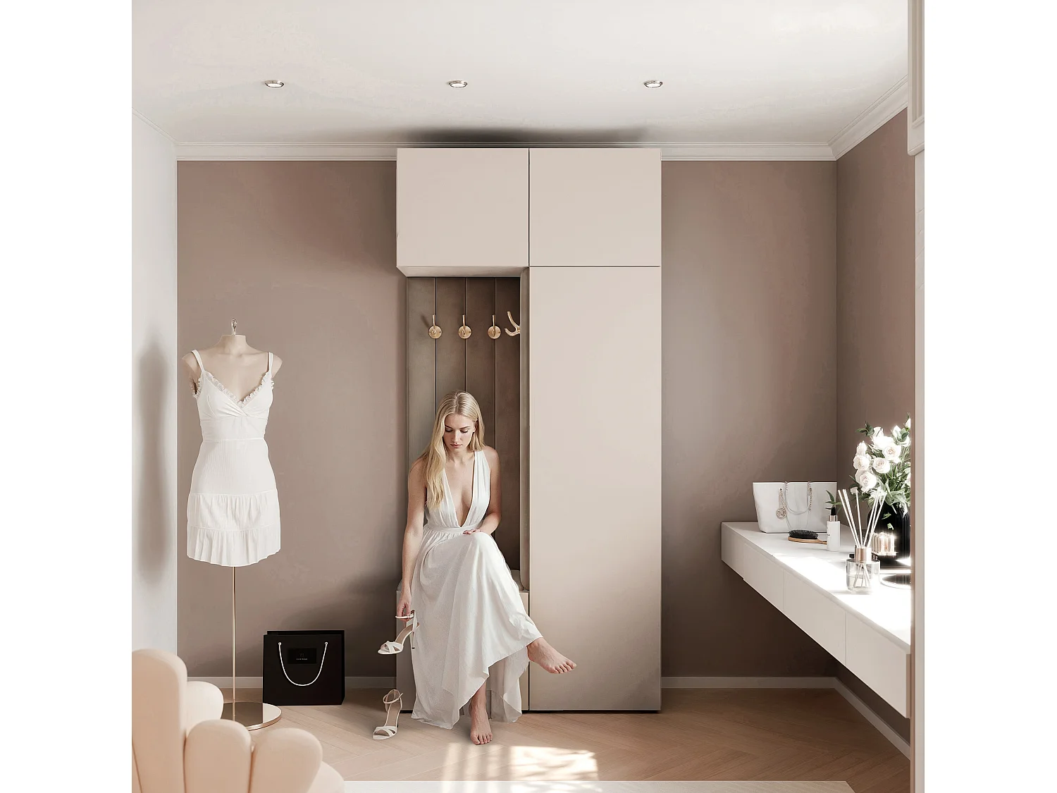 Vestiaire ARIA 10 112 cm Cachemire Rembourré Taupe Soft-Close Push-to-Open