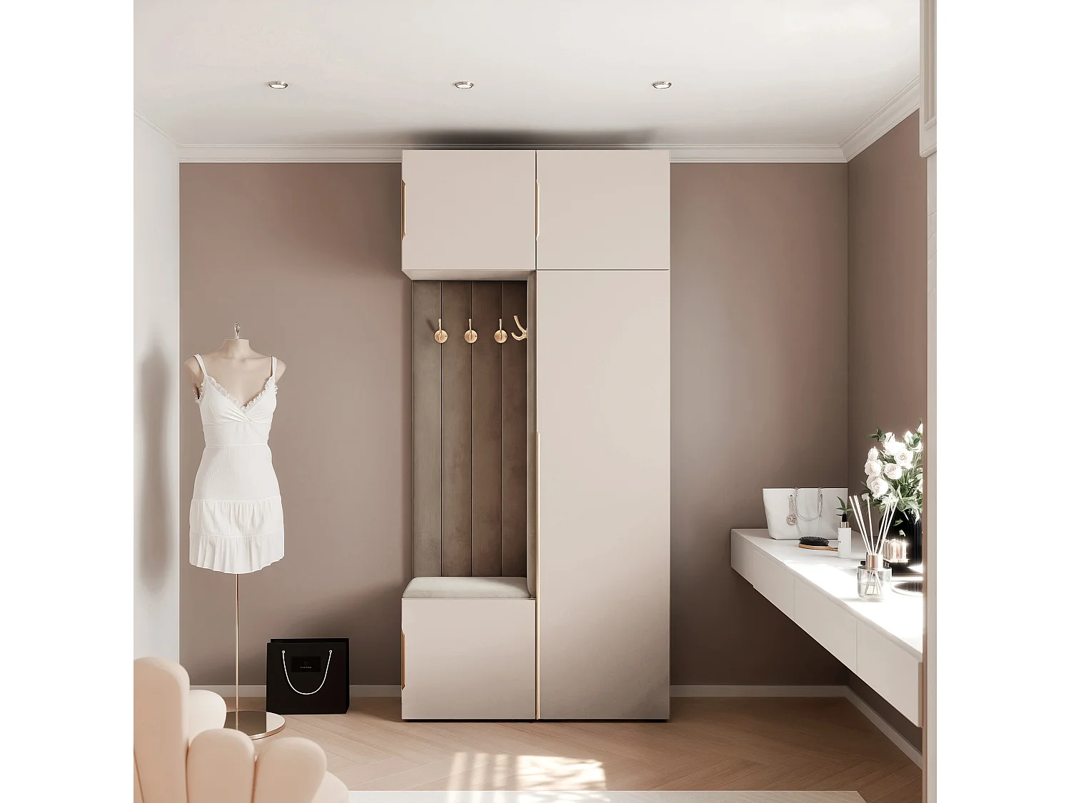 Vestiaire ARIA 10 112 cm Cachemire Rembourré Taupe Soft-Close Poignées Hexa Doré