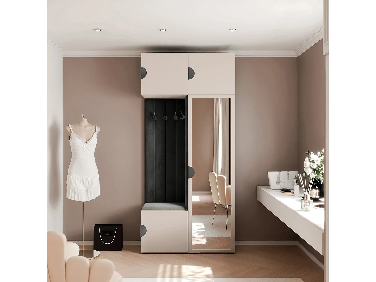 Vestiaire ARIA 10 112 cm Cachemire Rembourré Noir avec Miroir Soft-Close Poignées Moon Noir