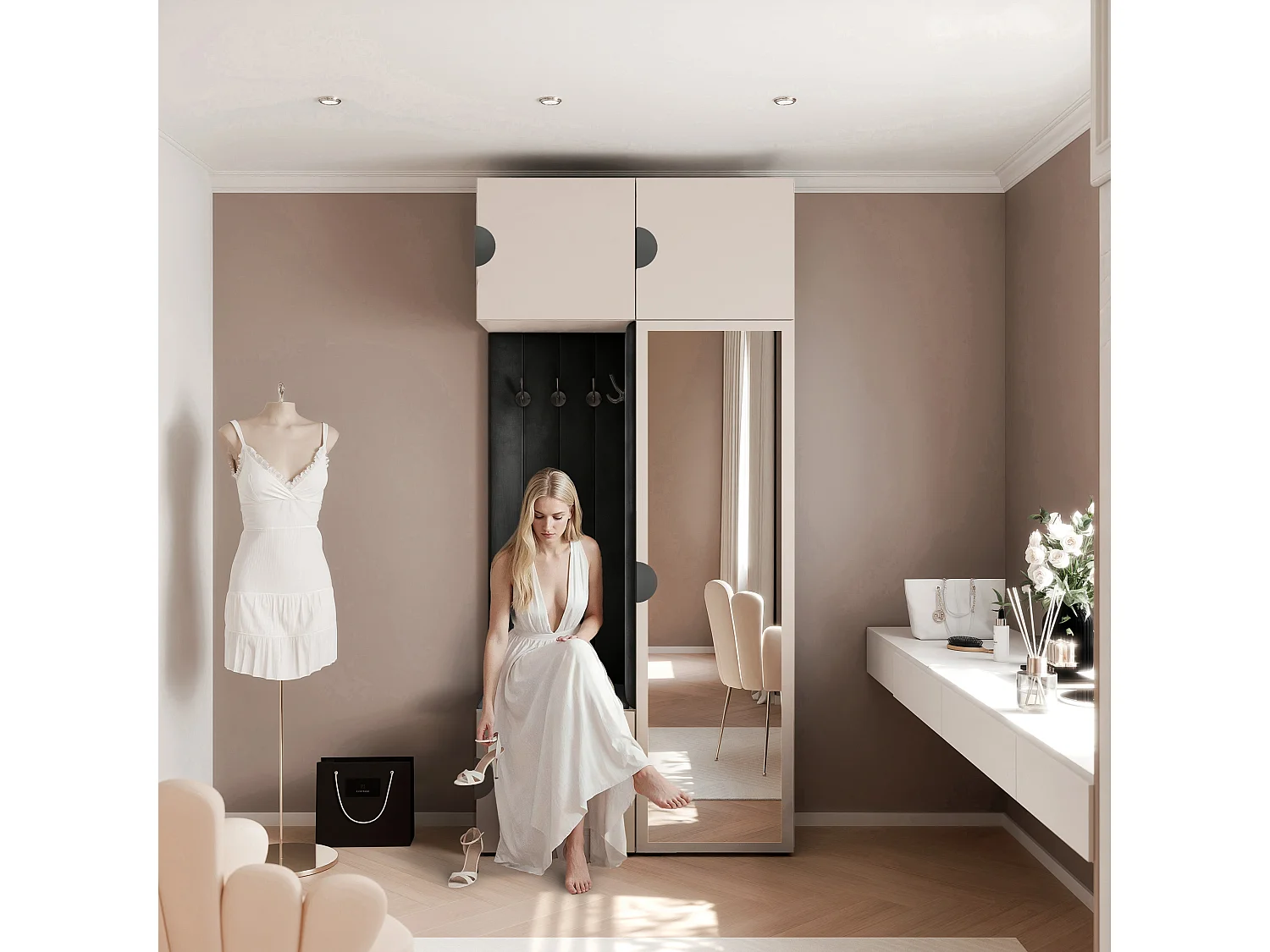 Vestiaire ARIA 10 112 cm Cachemire Rembourré Noir avec Miroir Soft-Close Poignées Moon Noir
