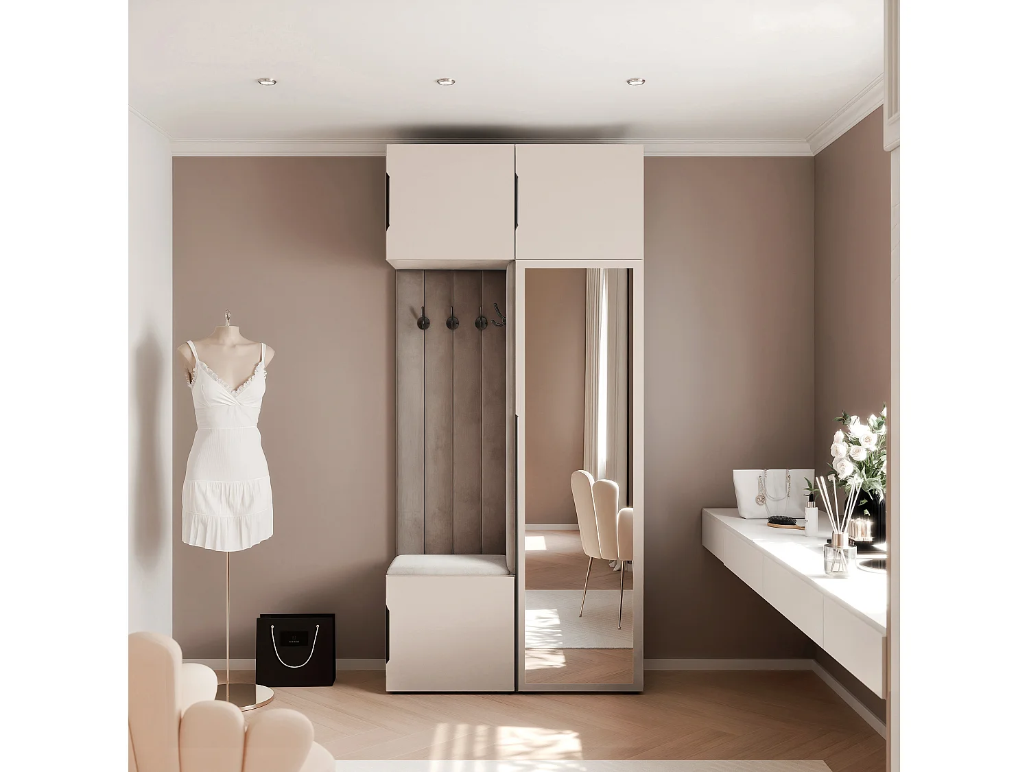 Vestiaire ARIA 10 112 cm Cachemire Rembourré Gris Souris avec Miroir Soft-Close Poignées Hexa Noir