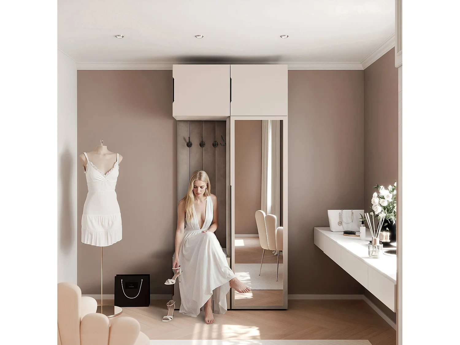 Vestiaire ARIA 10 112 cm Cachemire Rembourré Gris Souris avec Miroir Soft-Close Poignées Hexa Noir