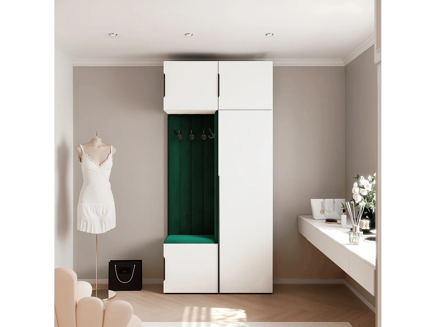 Vestiaire ARIA 10 112 cm Blanc Rembourré Vert Foncé Soft-Close Poignées Hexa Noir