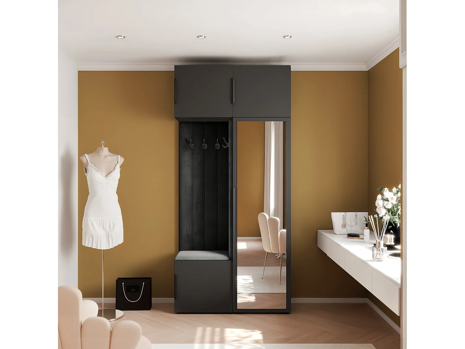 Vestiaire ARIA 10 112 cm Noir Rembourré Noir avec Miroir Soft-Close Poignées Hexa Noir