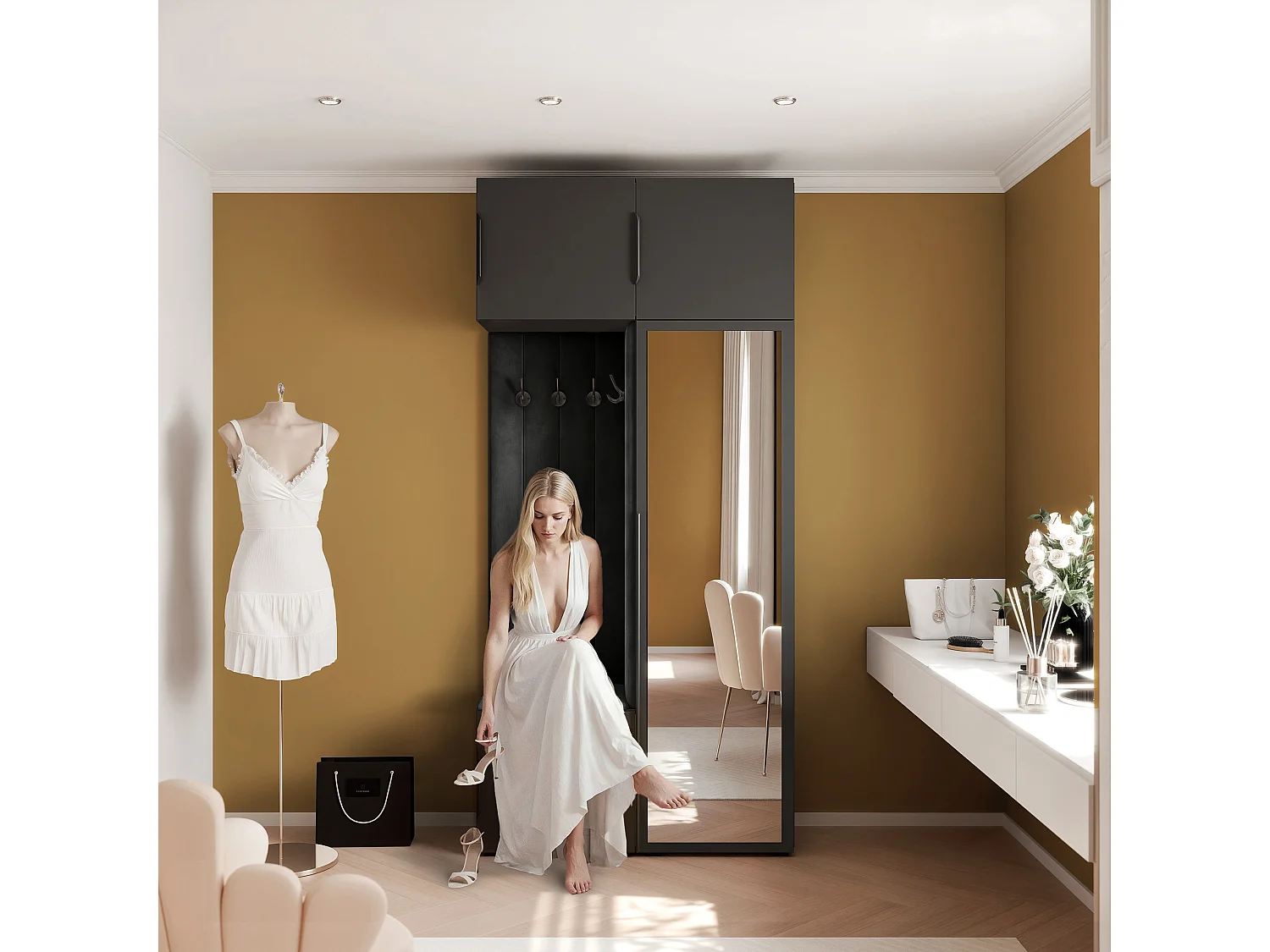 Vestiaire ARIA 10 112 cm Noir Rembourré Noir avec Miroir Soft-Close Poignées Hexa Noir