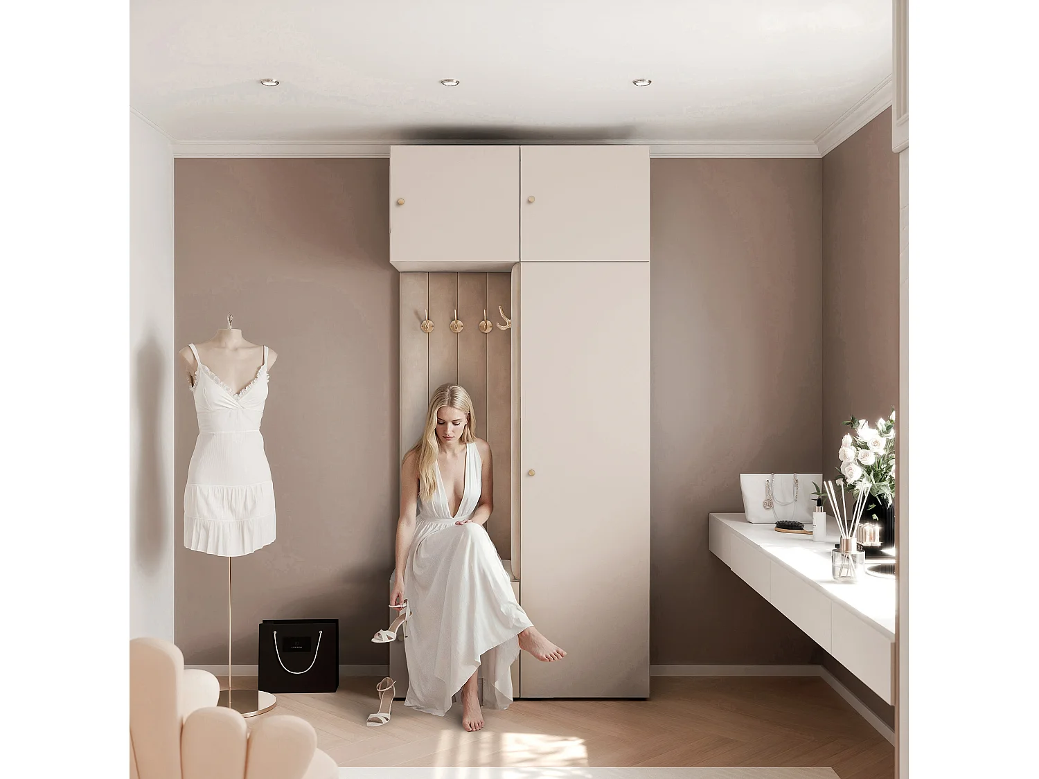 Vestiaire ARIA 10 112 cm Cachemire Rembourré Cachemire Soft-Close Poignées bouton Doré
