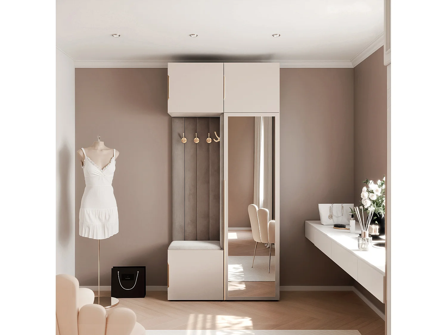 Vestiaire ARIA 10 112 cm Cachemire Rembourré Gris Souris avec Miroir Soft-Close Poignées Hexa Doré