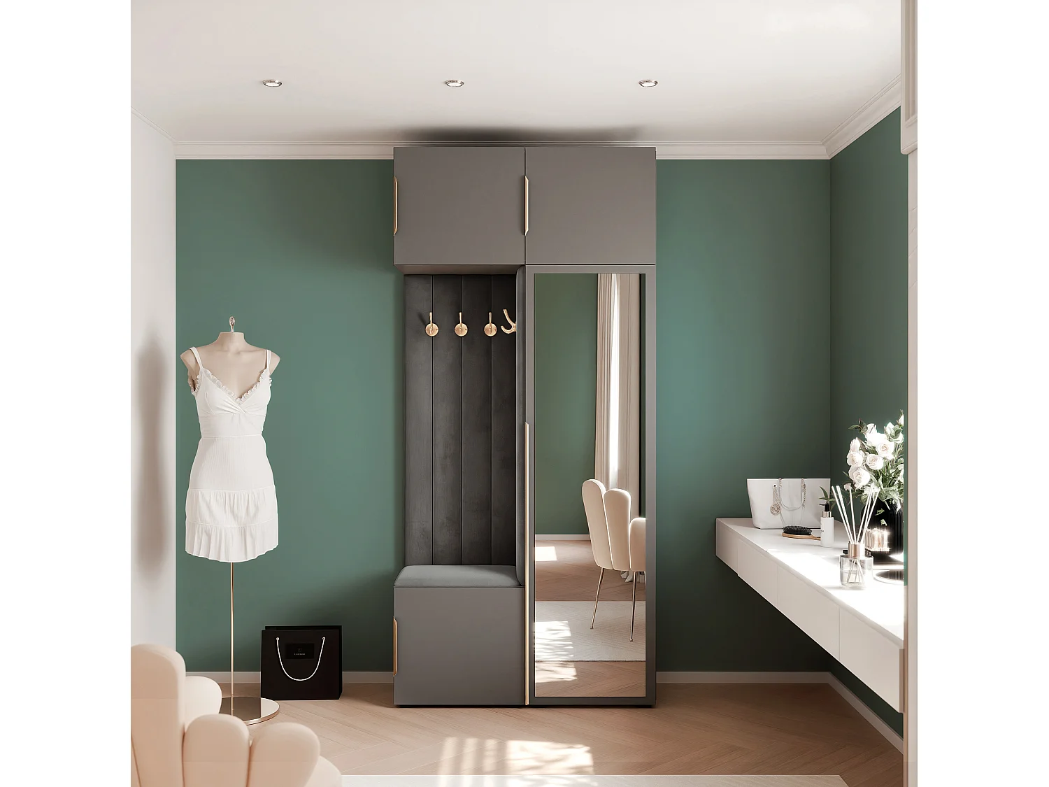 Garderobe Aria 112 cm Grijs Gestoffeerd Antraciet Soft-Close Grepen Goud
