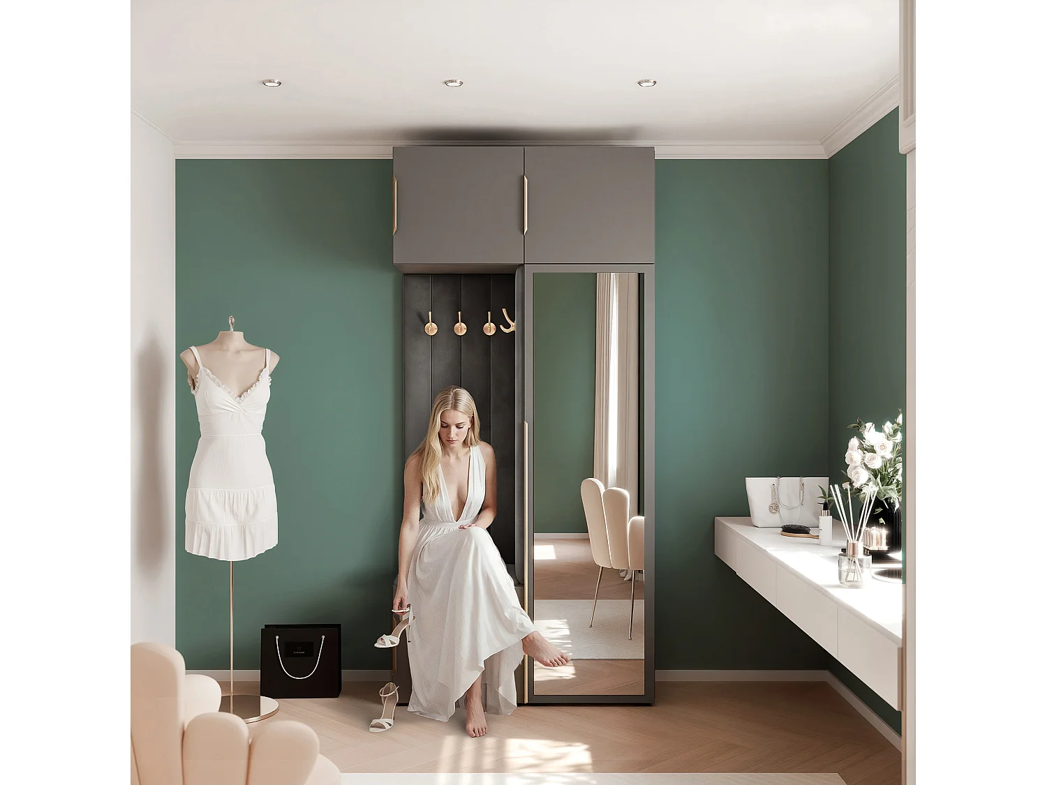 Garderobe Aria 112 cm Grijs Gestoffeerd Antraciet Soft-Close Grepen Goud