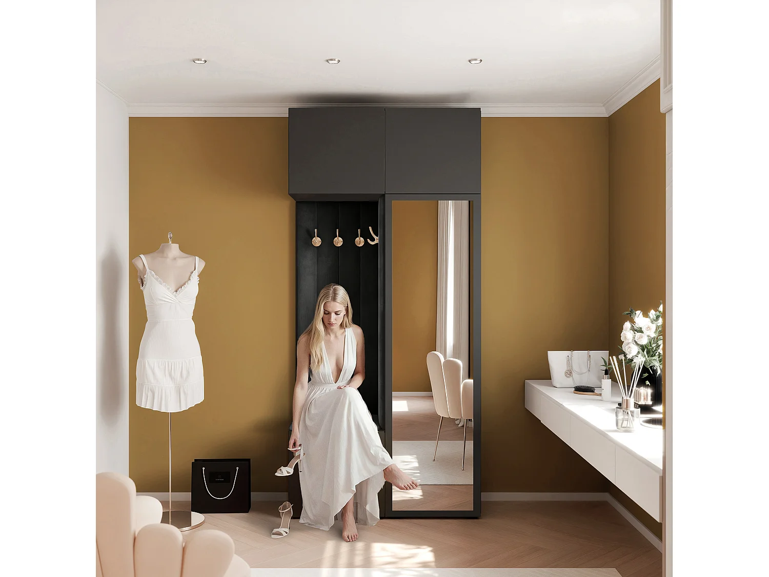 Vestiaire ARIA 10 112 cm Noir Rembourré Noir avec Miroir Soft-Close Push-to-Open