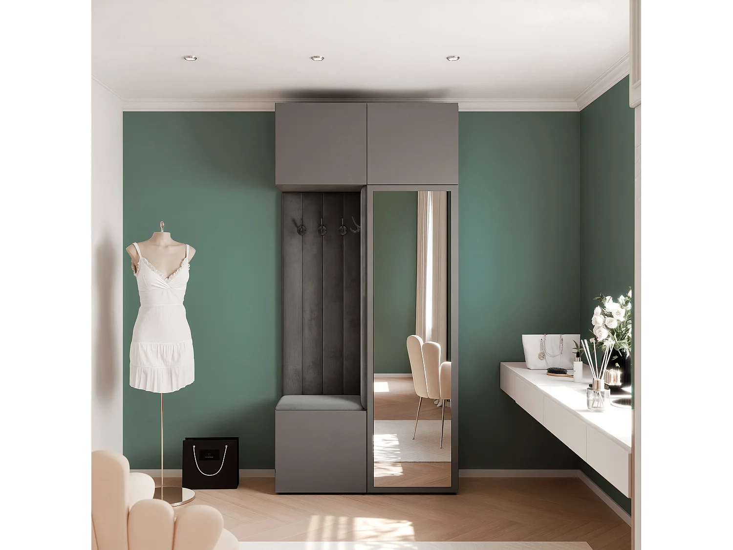 Vestiaire ARIA 10 112 cm Gris Rembourré Anthracite avec Miroir Soft-Close Push-to-Open