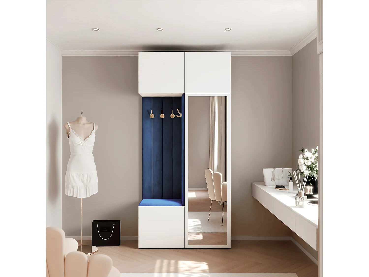 Vestiaire ARIA 10 112 cm Blanc Rembourré Bleu Atlantique avec Miroir Soft-Close Push-to-Open