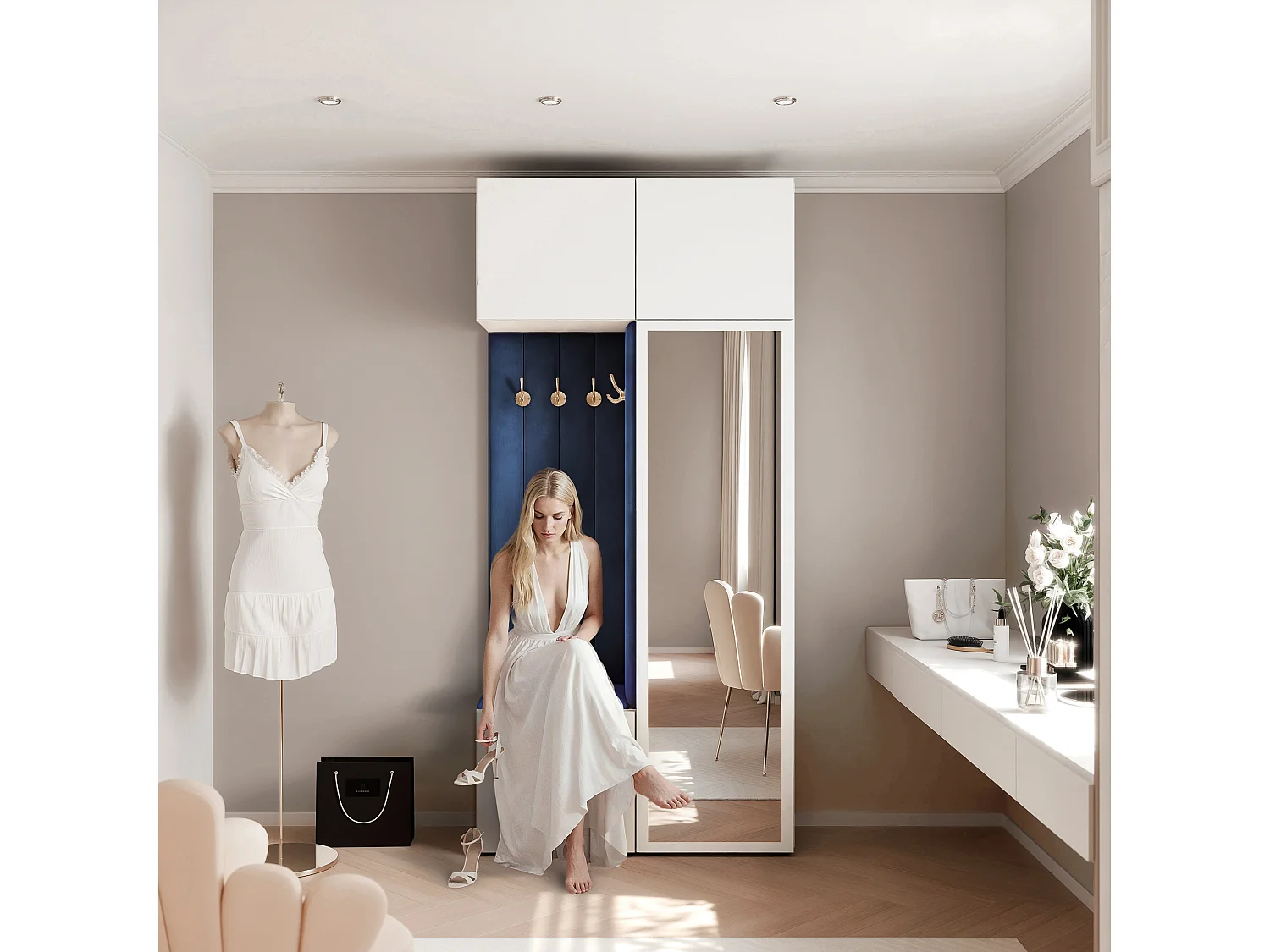 Vestiaire ARIA 10 112 cm Blanc Rembourré Bleu Atlantique avec Miroir Soft-Close Push-to-Open