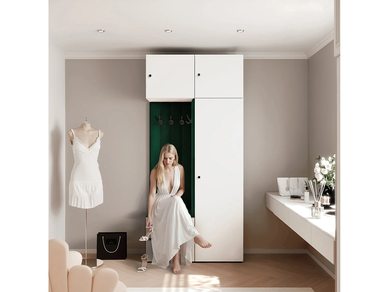 Vestiaire ARIA 10 112 cm Blanc Rembourré Vert Foncé Soft-Close Poignées bouton Noir