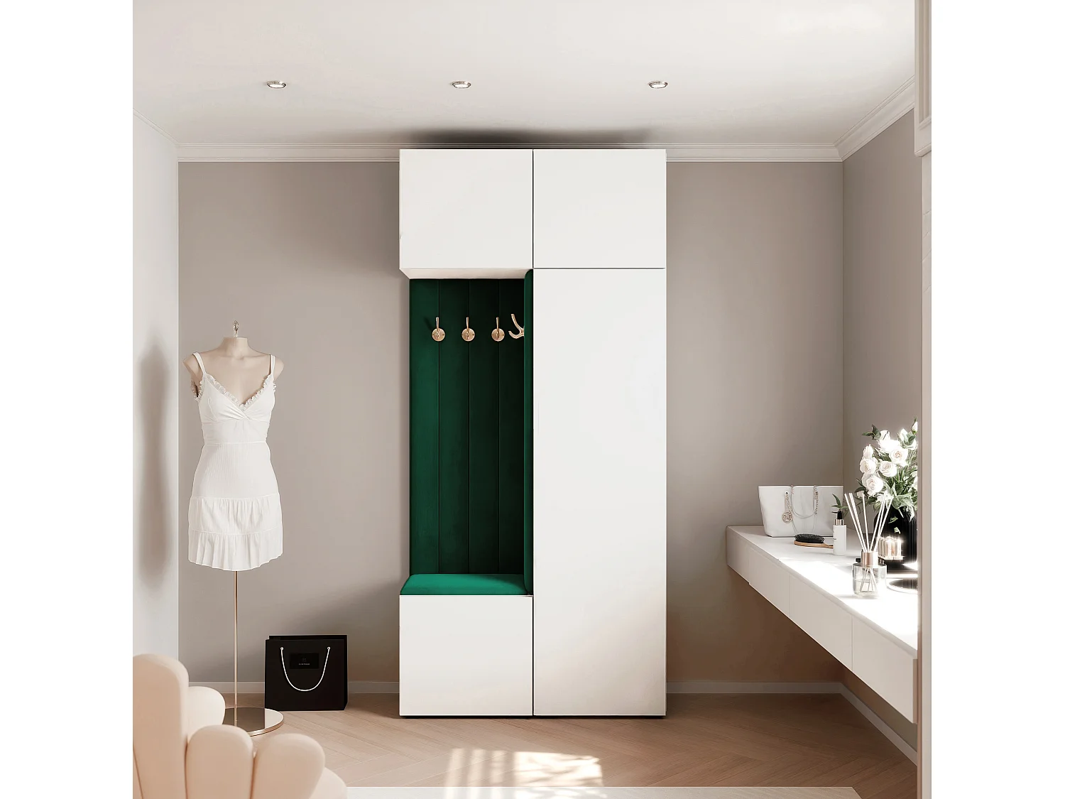 Vestiaire ARIA 10 112 cm Blanc Rembourré Vert Foncé Soft-Close Push-to-Open