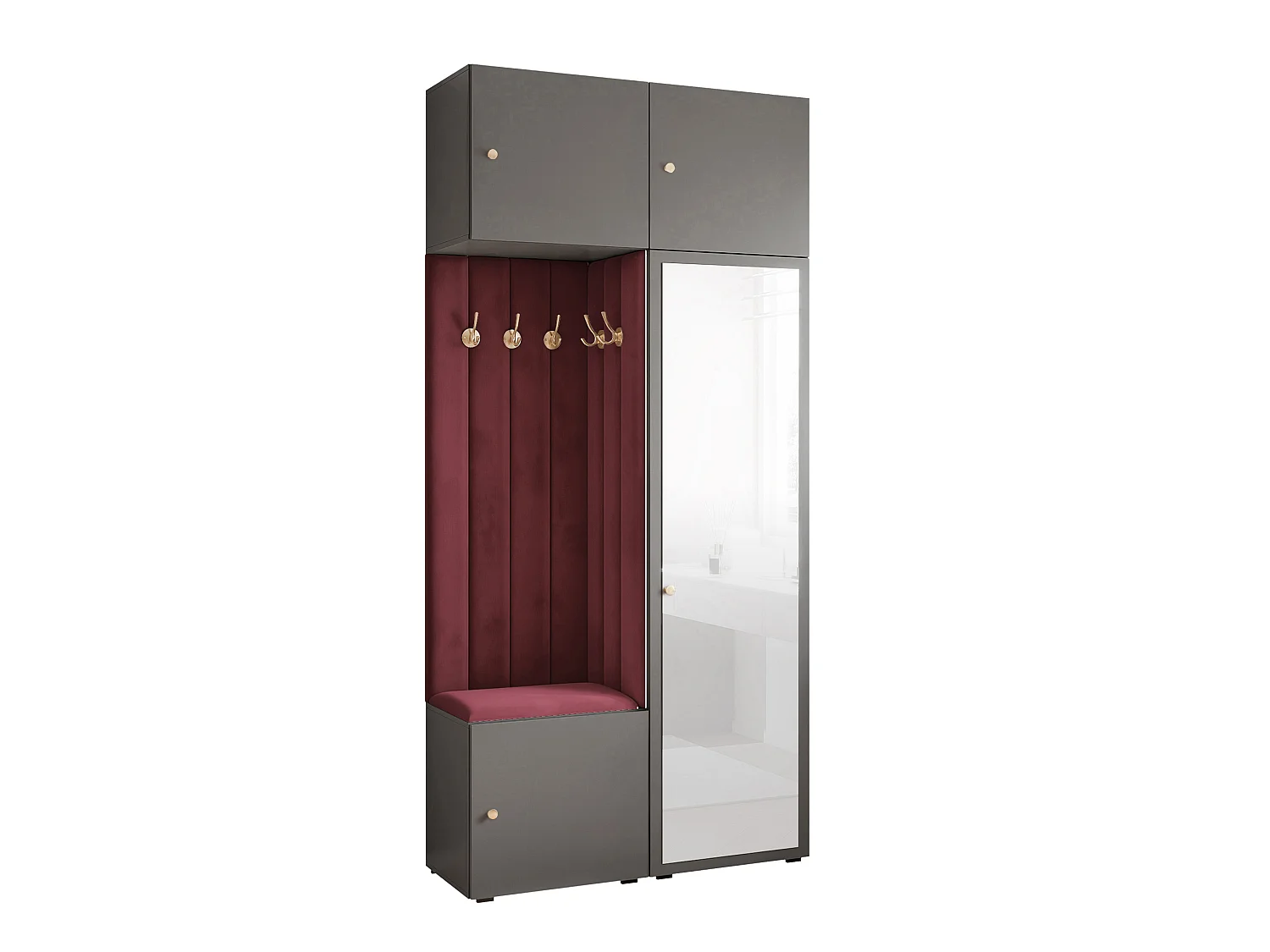 Vestiaire ARIA 10 112 cm Gris Rembourré Bordeaux avec Miroir Soft-Close Poignées bouton Doré
