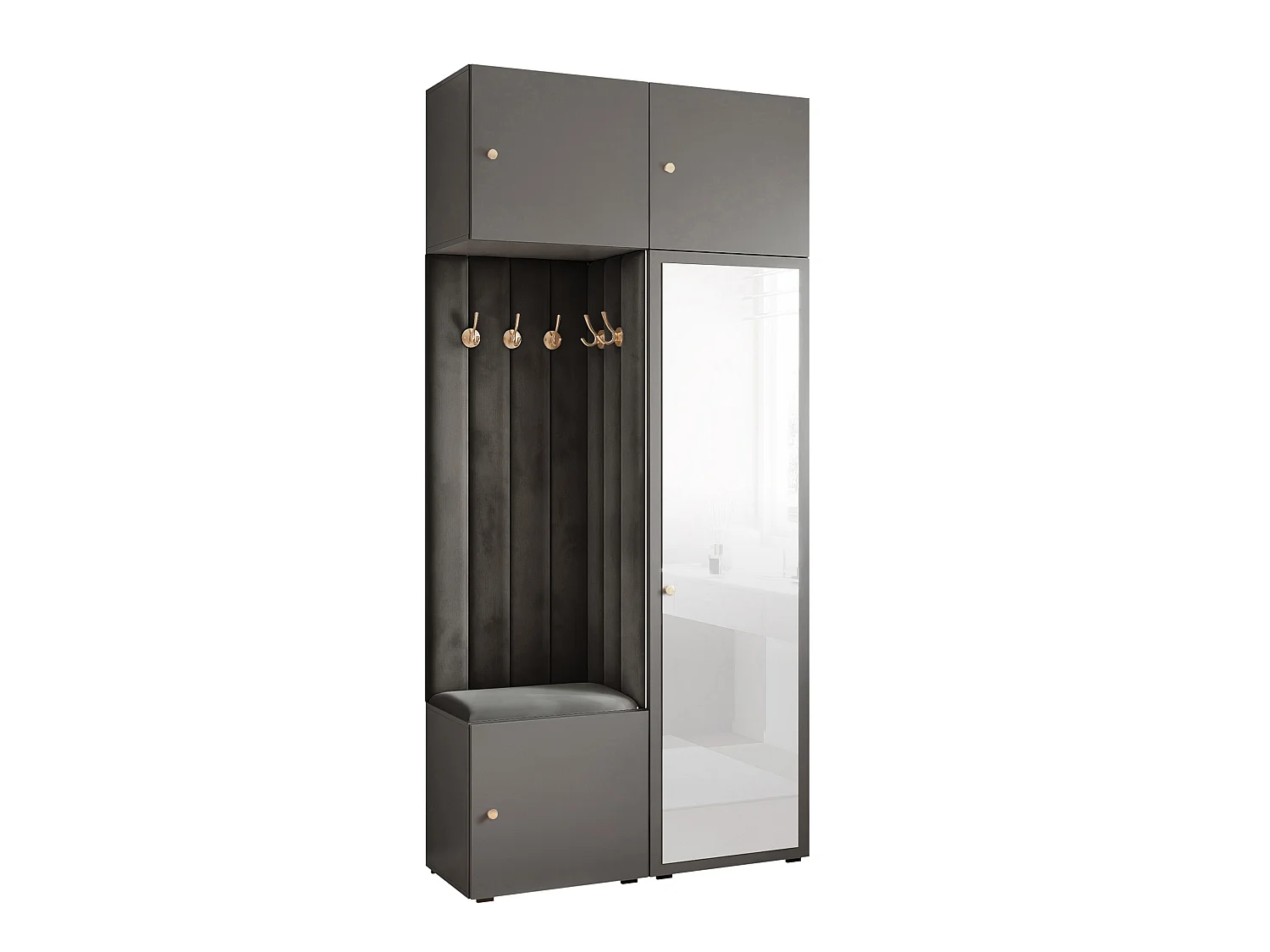 Vestiaire ARIA 10 112 cm Gris Rembourré Anthracite avec Miroir Soft-Close Poignées bouton Doré