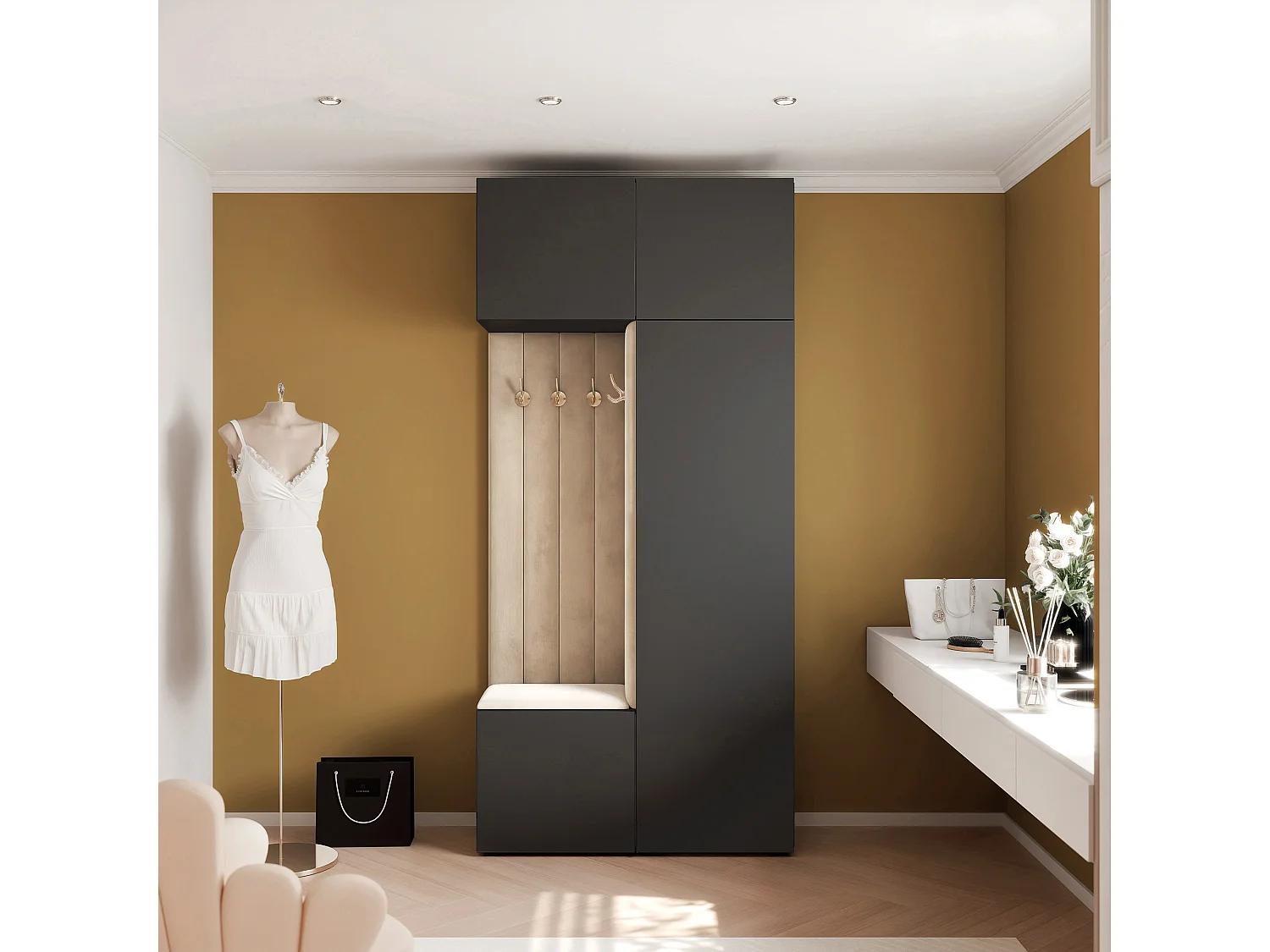 Garderobe Aria 112 cm Zwart Gestoffeerd Beige Soft-Close Push-to-Open