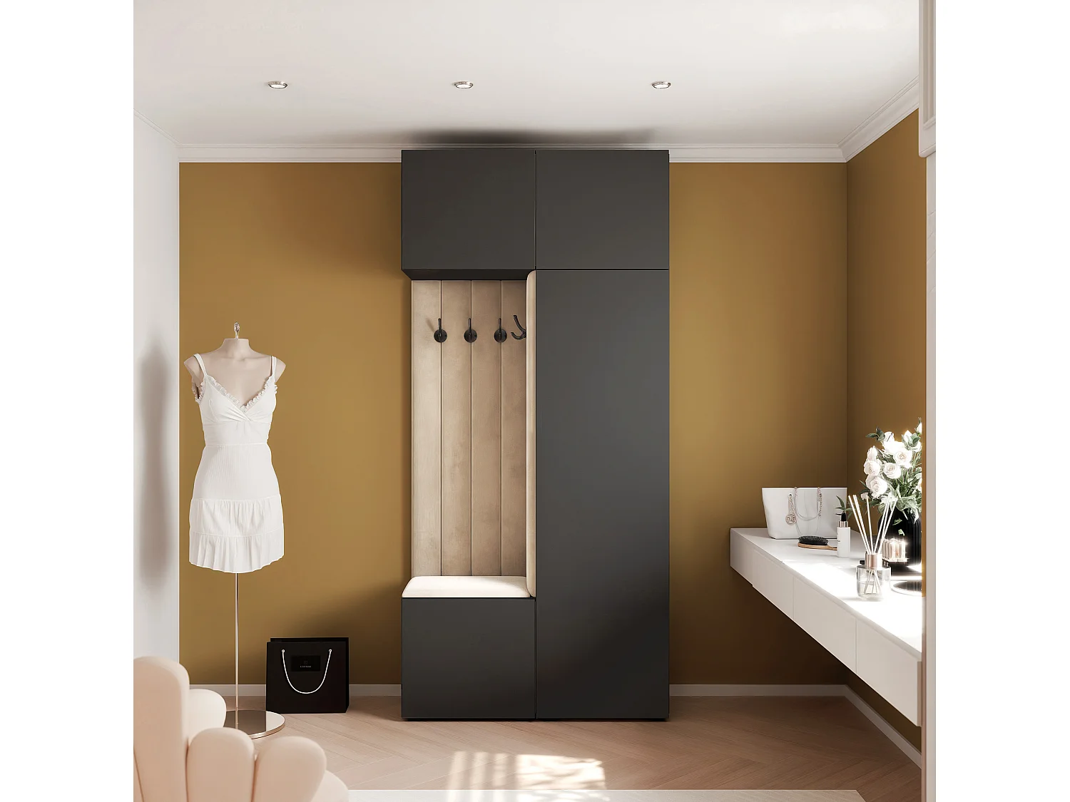 Garderobe Aria 112 cm Zwart Gestoffeerd Beige Soft-Close Push-to-Open