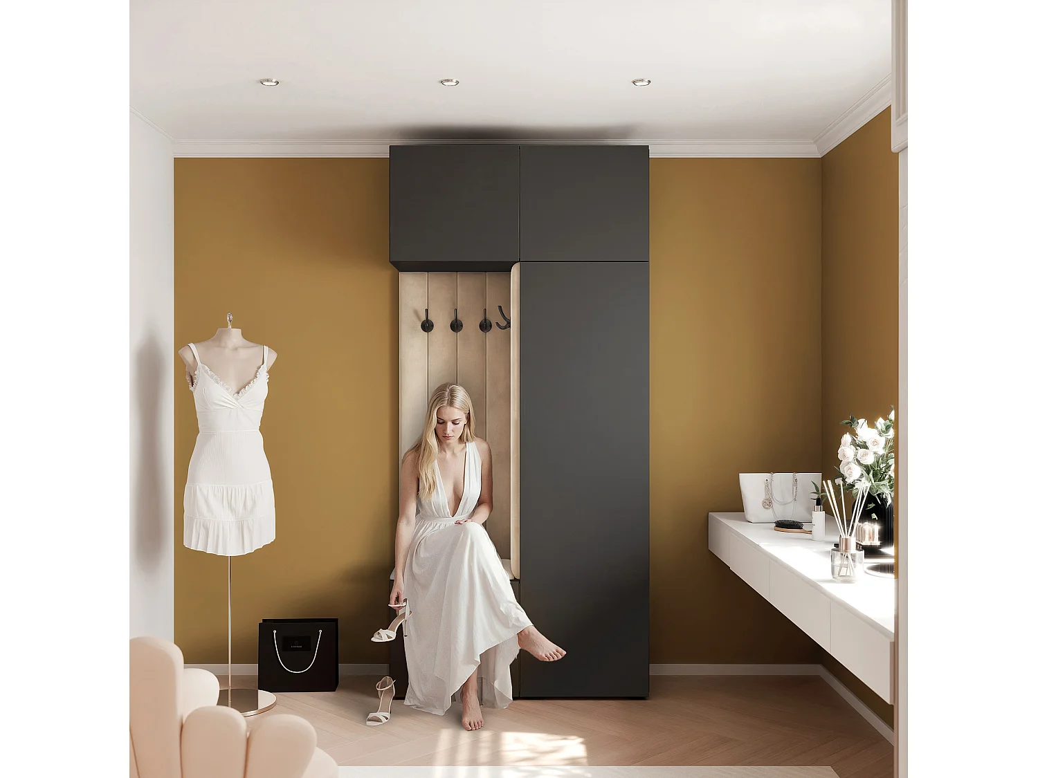 Garderobe Aria 112 cm Zwart Gestoffeerd Beige Soft-Close Push-to-Open