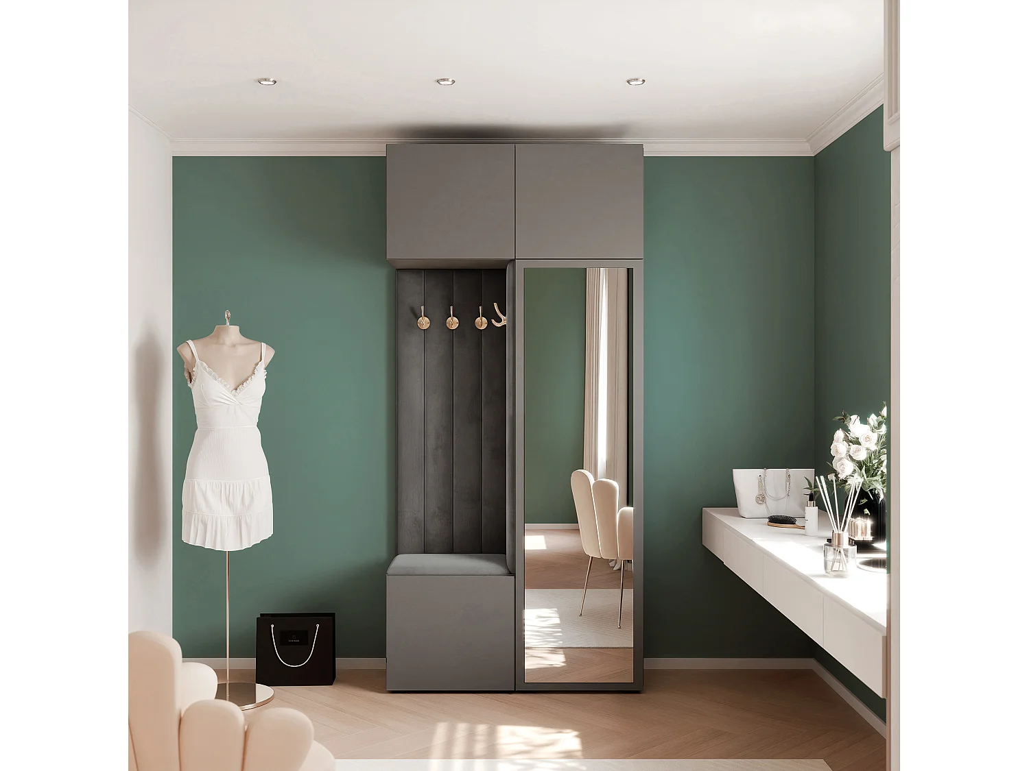 Vestiaire ARIA 10 112 cm Gris Rembourré Anthracite avec Miroir Soft-Close Push-to-Open
