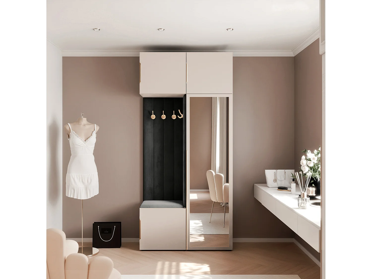 Vestiaire ARIA 10 112 cm Noir Rembourré Noir avec Miroir Soft-Close Poignées Hexa Doré