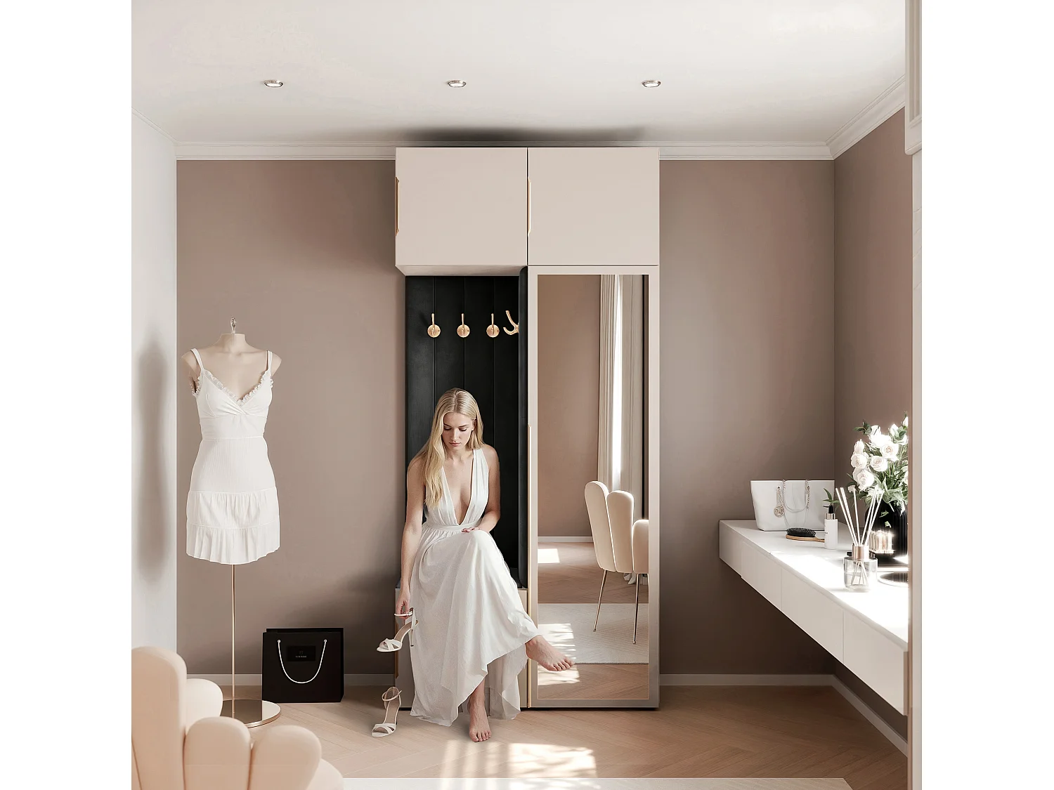 Vestiaire ARIA 10 112 cm Noir Rembourré Noir avec Miroir Soft-Close Poignées Hexa Doré