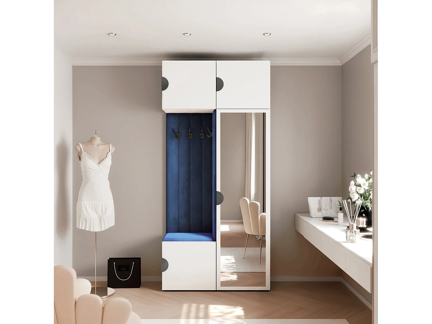 Vestiaire ARIA 10 112 cm Blanc Rembourré Bleu Atlantique avec Miroir Soft-Close Poignées Moon Noir