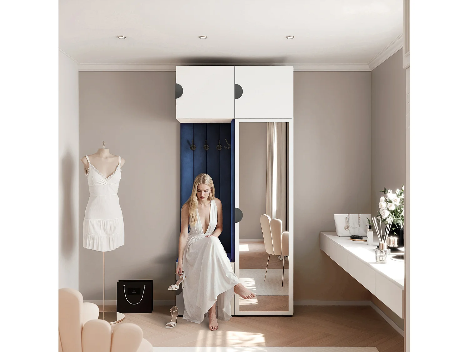 Vestiaire ARIA 10 112 cm Blanc Rembourré Bleu Atlantique avec Miroir Soft-Close Poignées Moon Noir