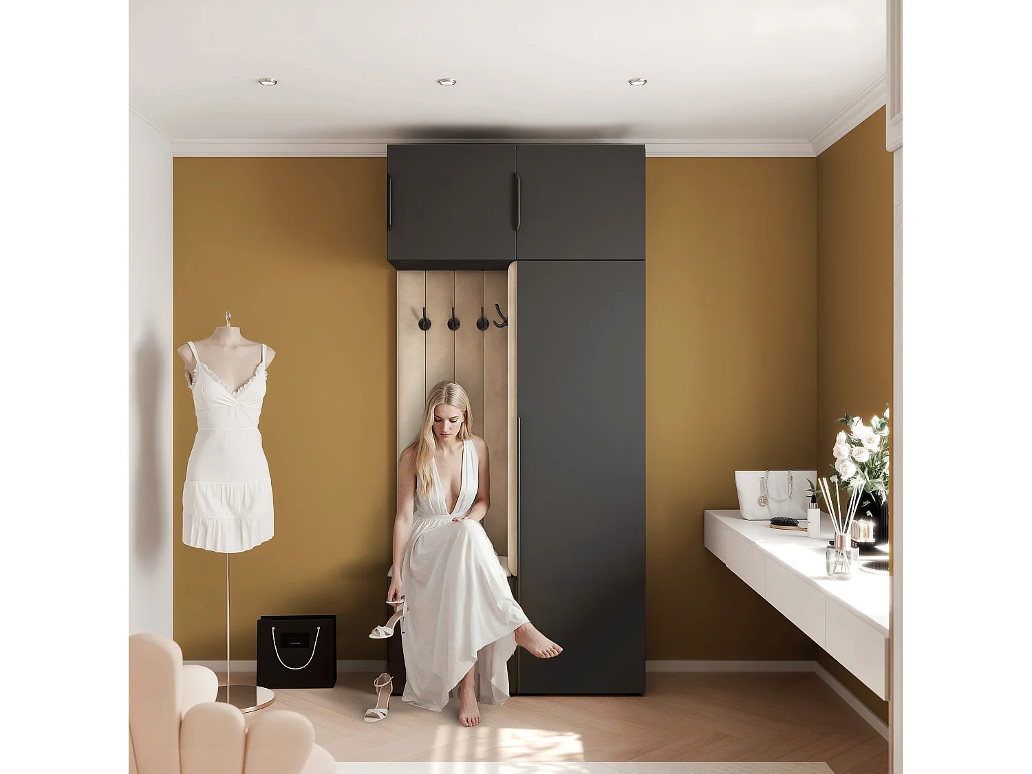 Vestiaire ARIA 10 112 cm Noir Rembourré Beige Soft-Close Poignées Hexa Noir