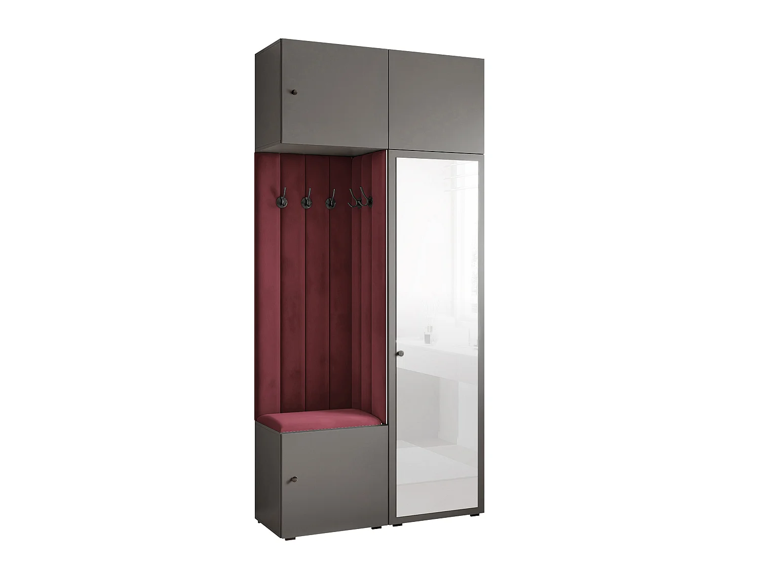 Vestiaire ARIA 10 112 cm Gris Rembourré Bordeaux avec Miroir Soft-Close Poignées bouton Noir
