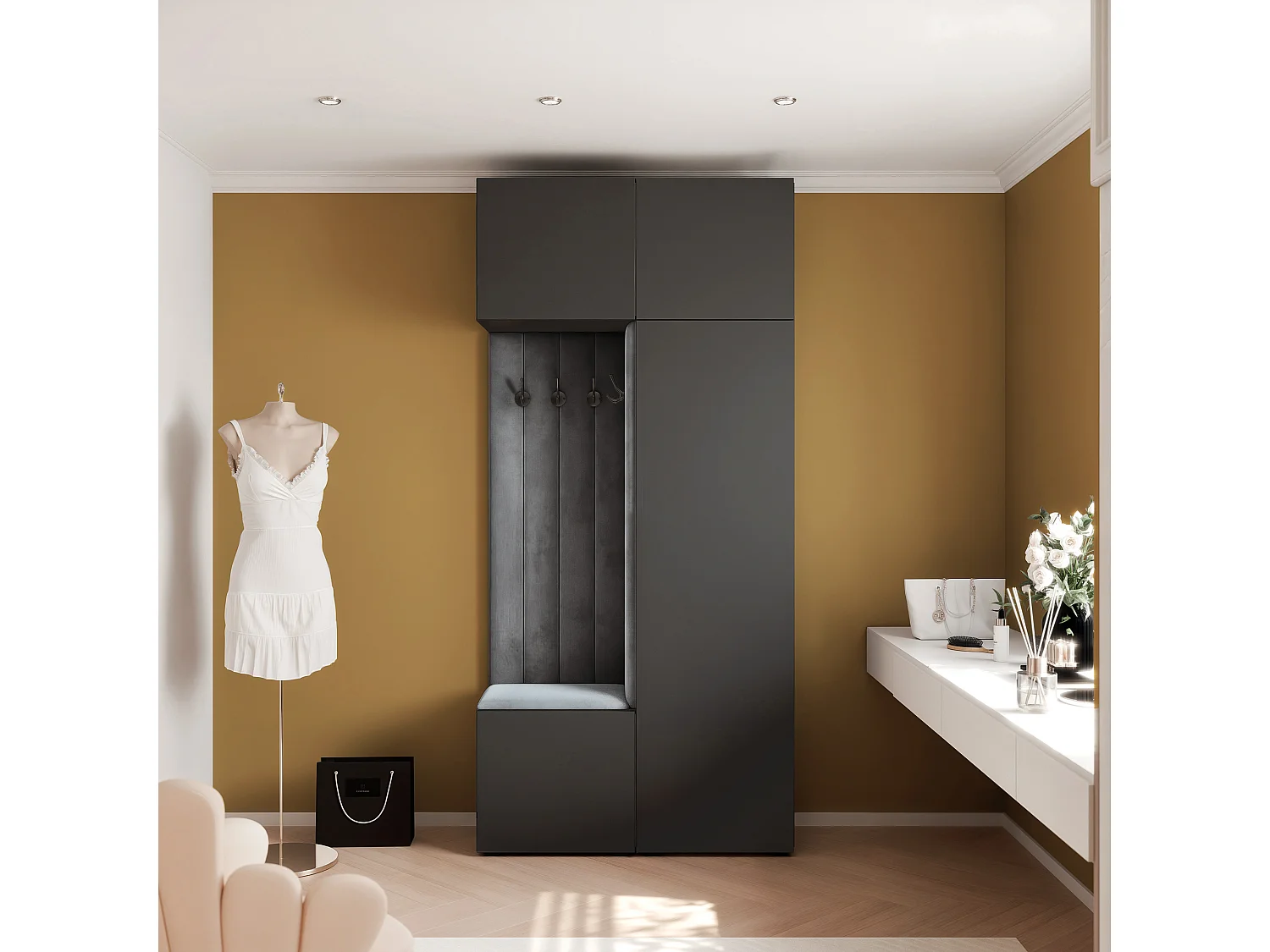 Garderobe Aria 112 cm Zwart Gestoffeerd Grafiet Soft-Close Push-to-Open