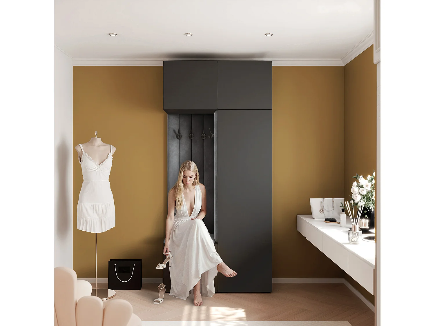 Garderobe Aria 112 cm Zwart Gestoffeerd Grafiet Soft-Close Push-to-Open