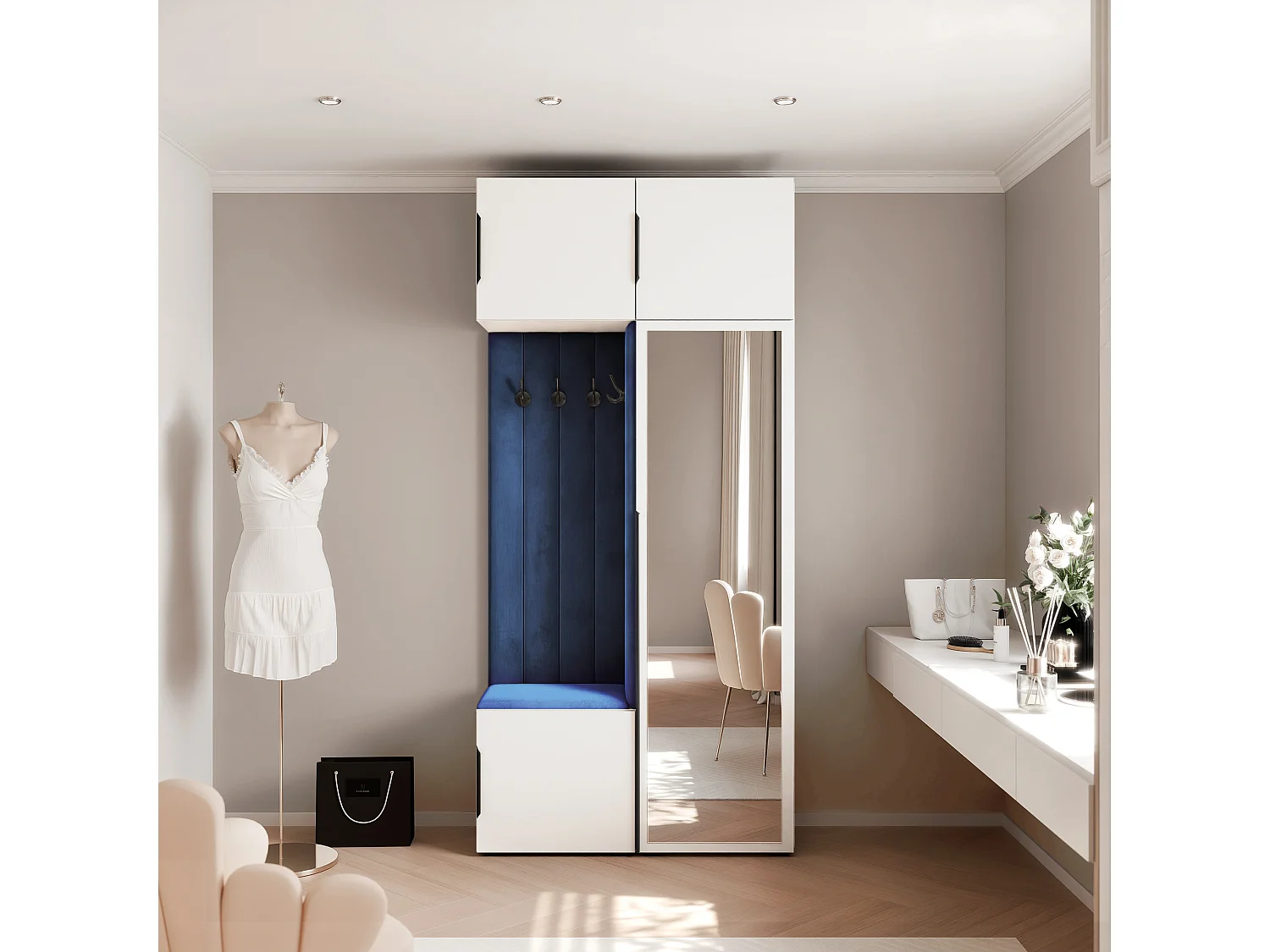 Vestiaire ARIA 10 112 cm Blanc Rembourré Bleu Atlantique avec Miroir Soft-Close Poignées Hexa Noir