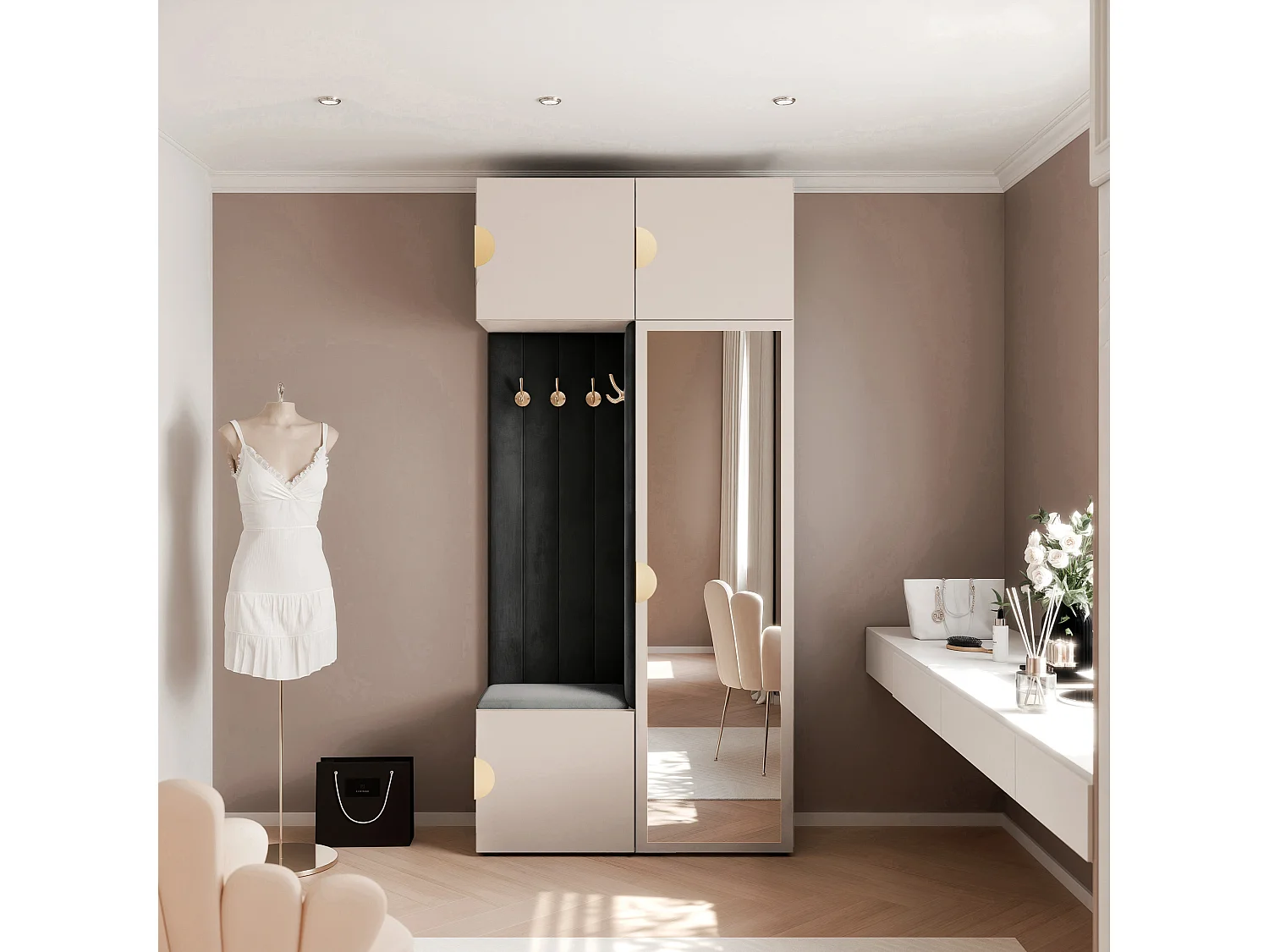 Vestiaire ARIA 10 112 cm Noir Rembourré Noir avec Miroir Soft-Close Poignées Moon Doré