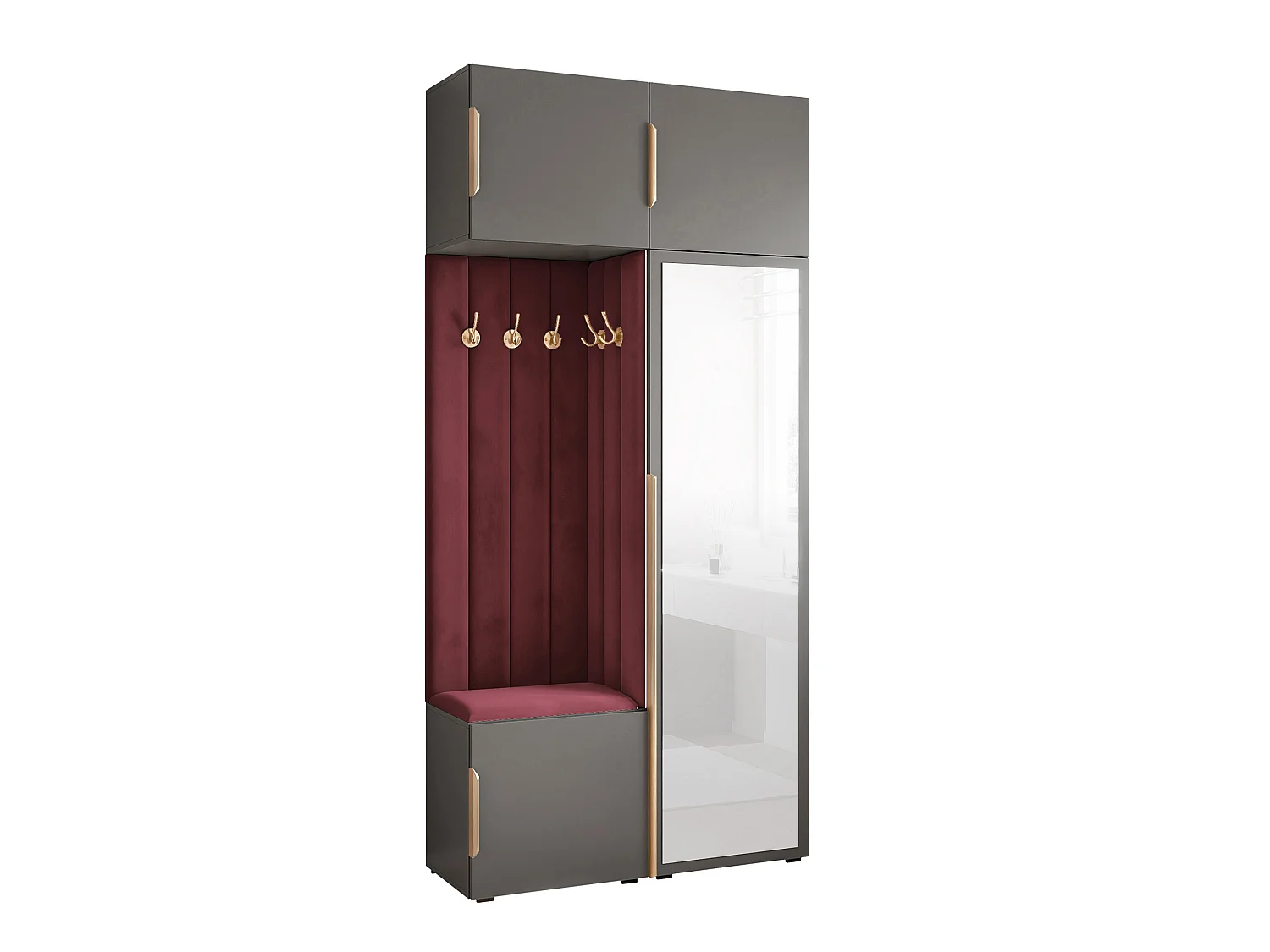 Vestiaire ARIA 10 112 cm Gris Rembourré Bordeaux avec Miroir Soft-Close Poignées Hexa Doré