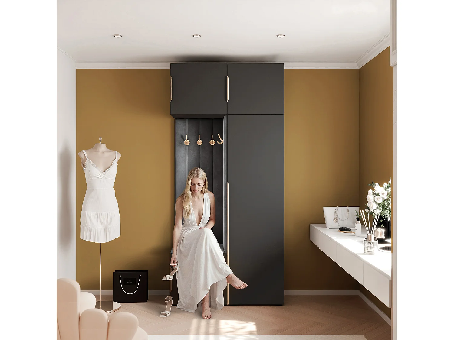 Garderobe Aria 112 cm Zwart Gestoffeerd Grafiet Soft-Close Grepen Goud