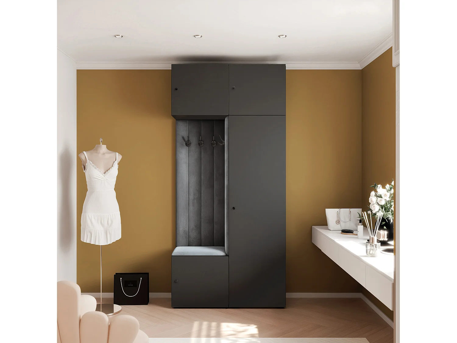 Vestiaire ARIA 10 112 cm Noir Rembourré Graphite Soft-Close Poignées bouton Noir