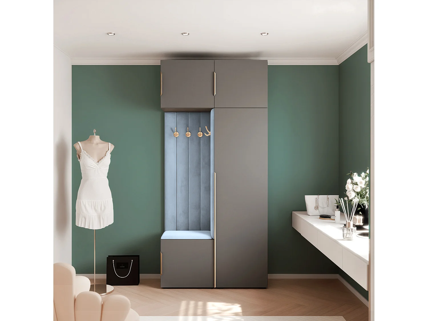 Vestiaire ARIA 10 112 cm Gris Rembourré Bleu Clair Soft-Close Poignées Hexa Doré