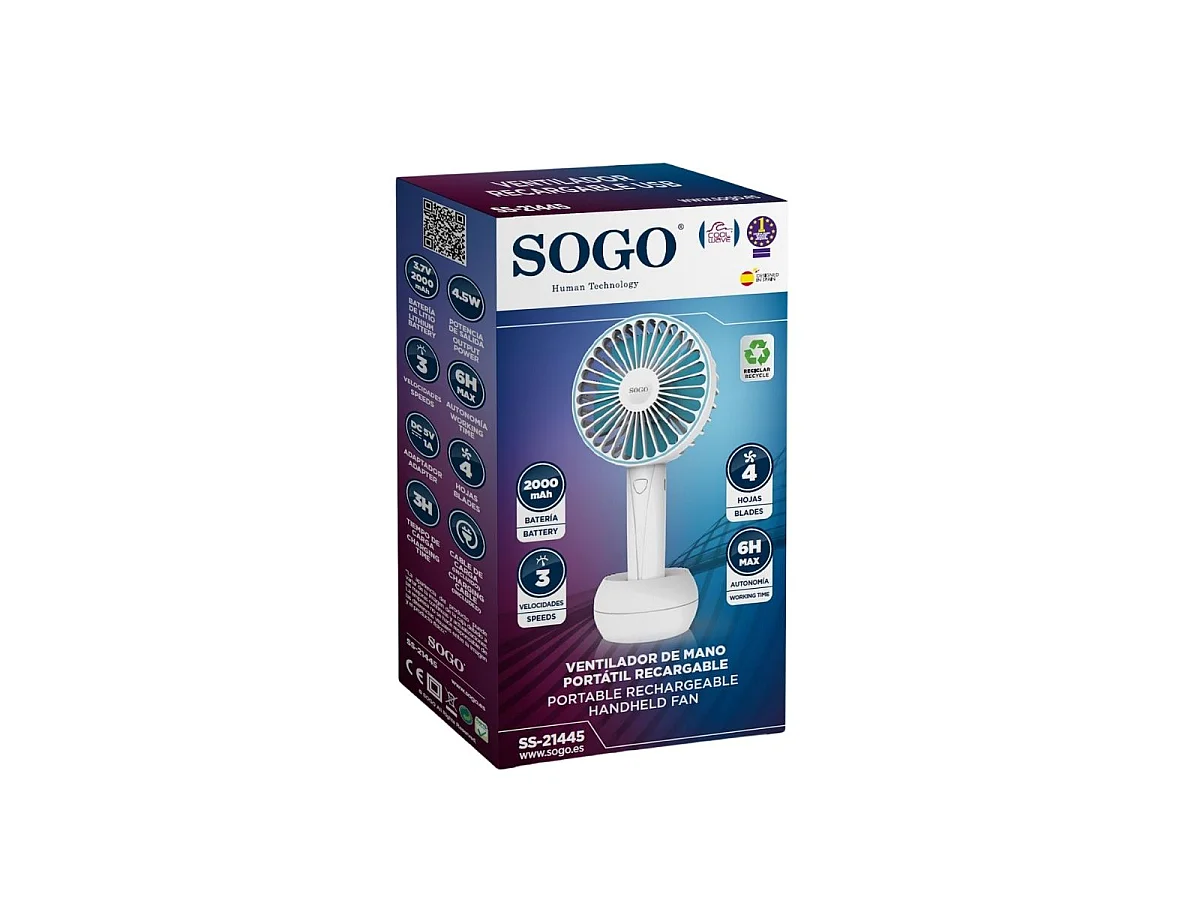 Ventilador de mano Sogo VENSS21445 diseño portátil recargable blanco/azul