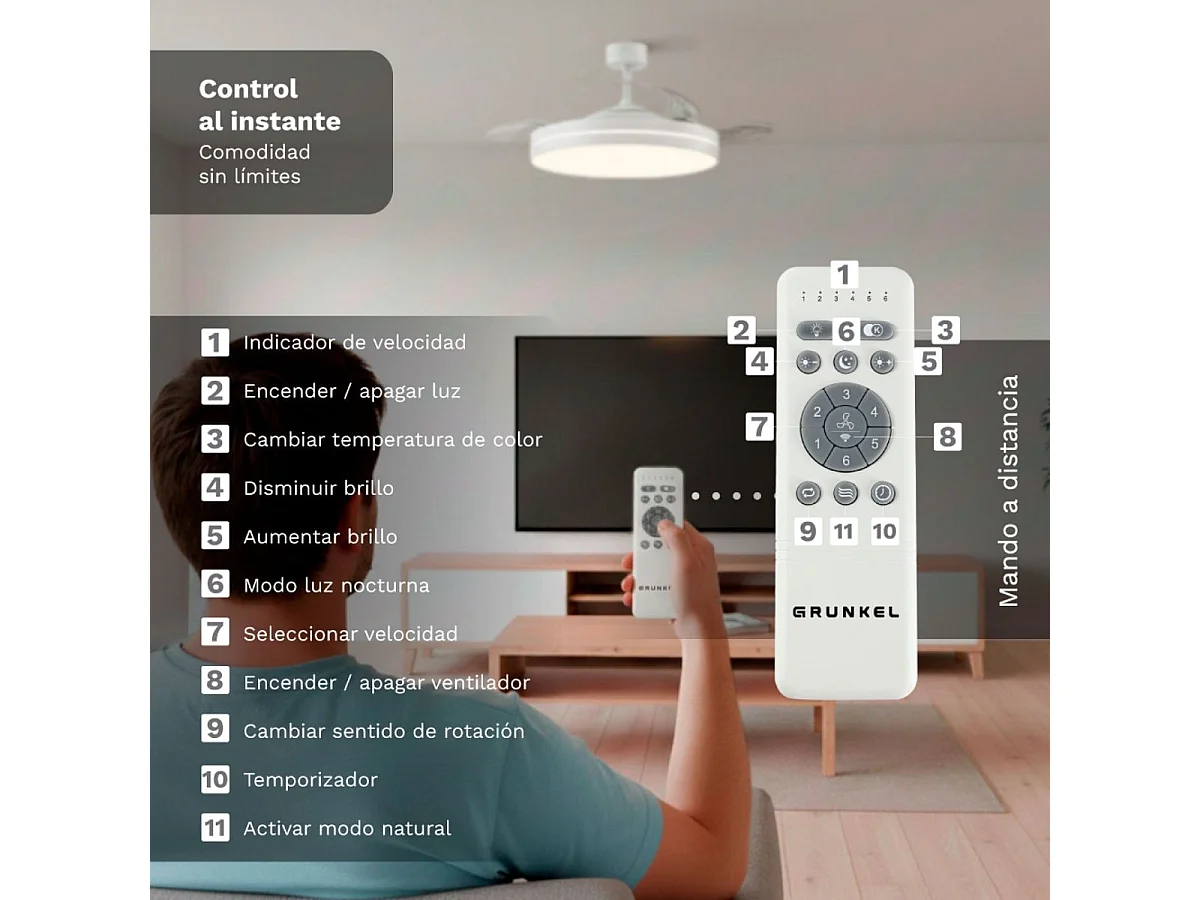 Ventilateur de plafond Grunkel SKYWHITE42 42" Blanc Lames Rétractables Lumière LED Télécommande