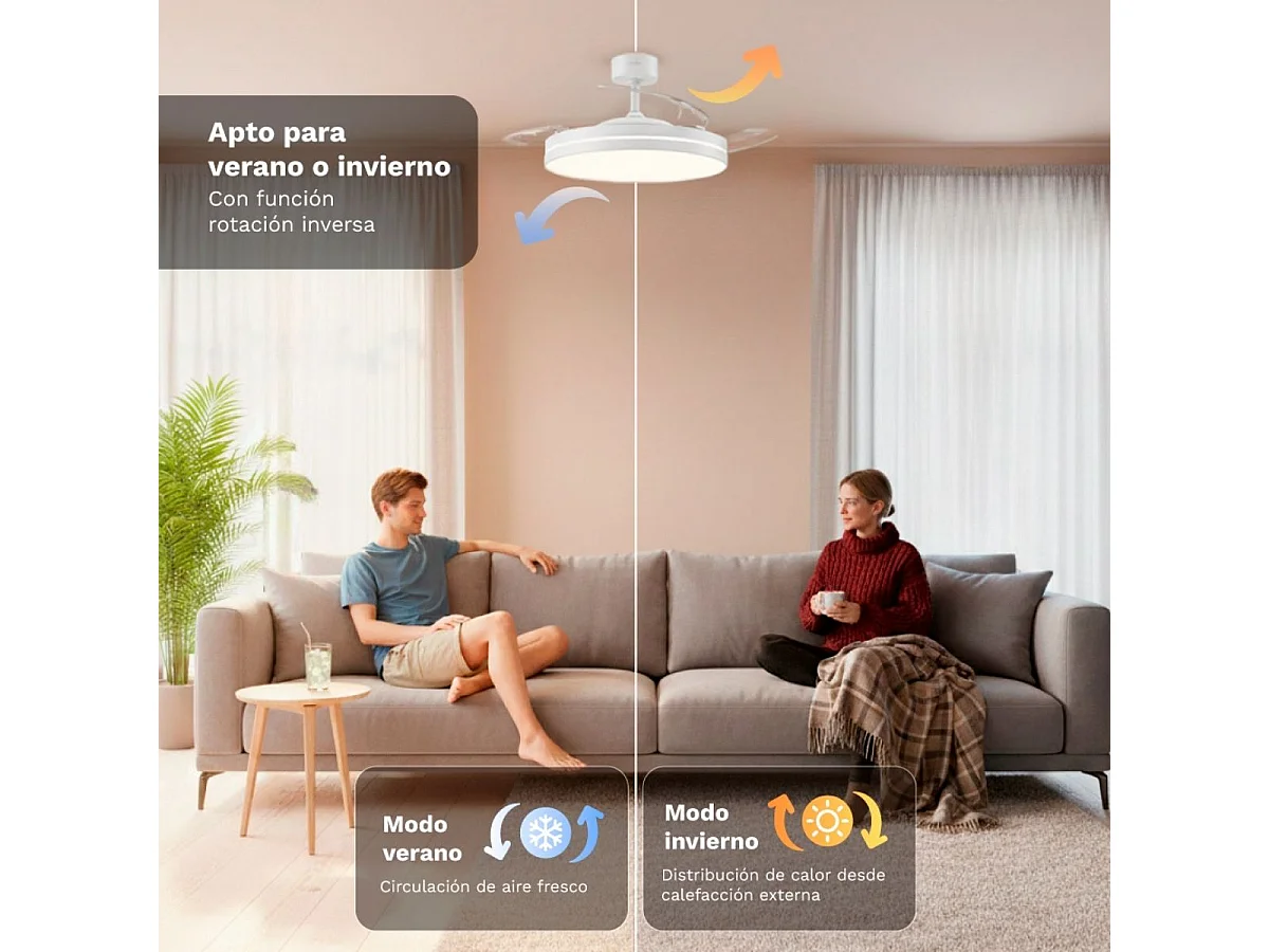 Ventilateur de plafond Grunkel SKYWHITE42 42" Blanc Lames Rétractables Lumière LED Télécommande