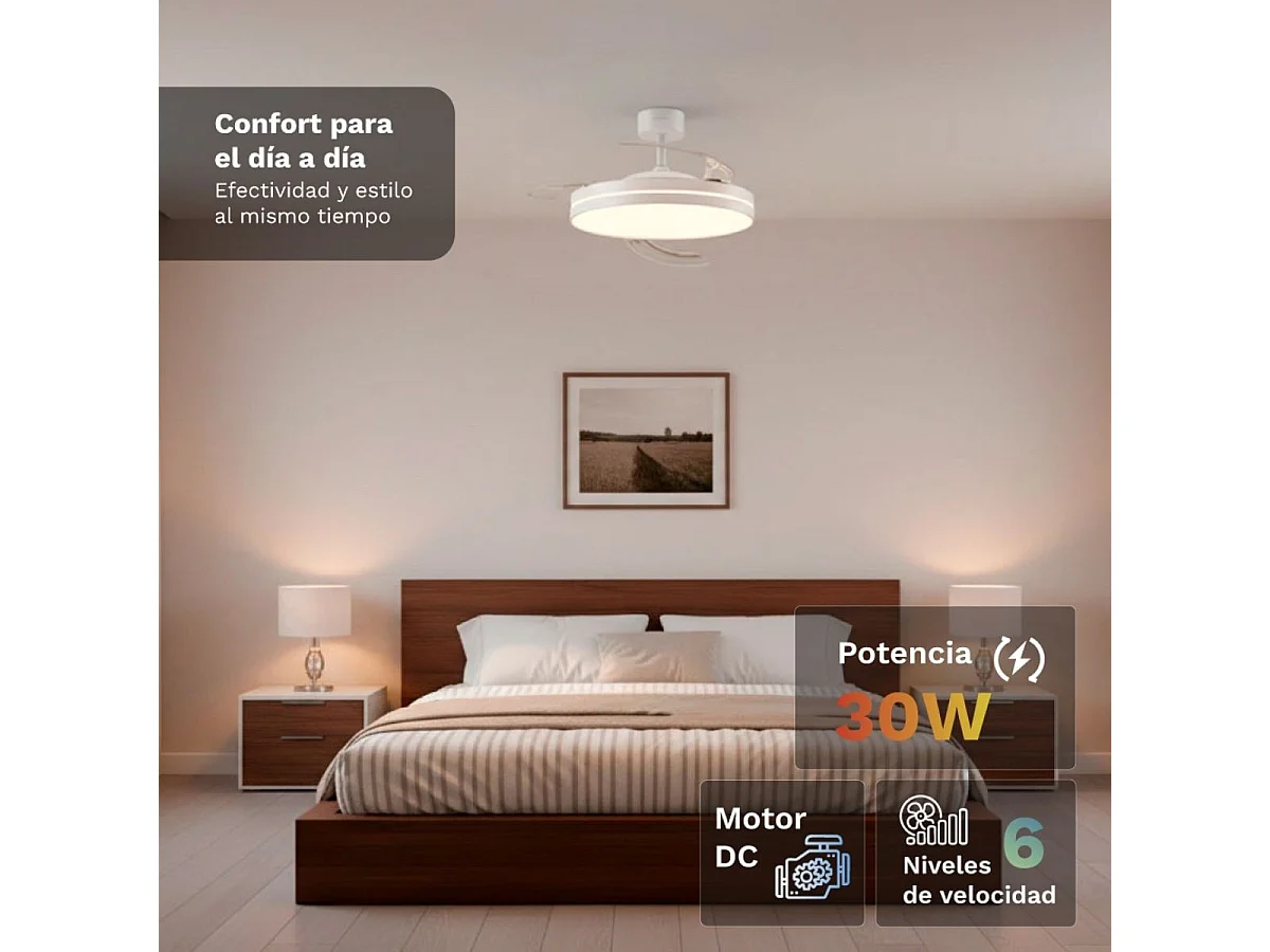 Ventilateur de plafond Grunkel SKYWHITE42 42" Blanc Lames Rétractables Lumière LED Télécommande