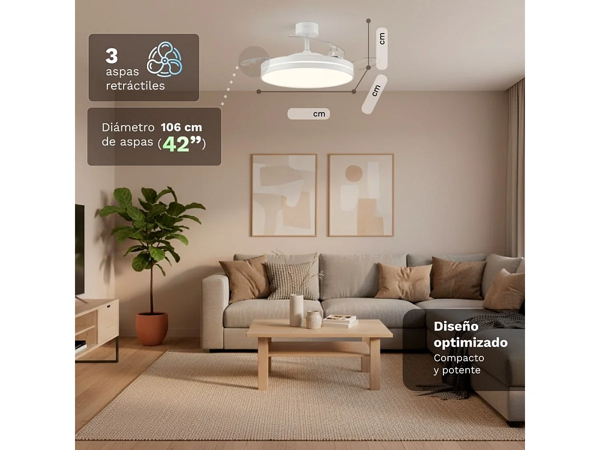 Ventilateur de plafond Grunkel SKYWHITE42 42" Blanc Lames Rétractables Lumière LED Télécommande