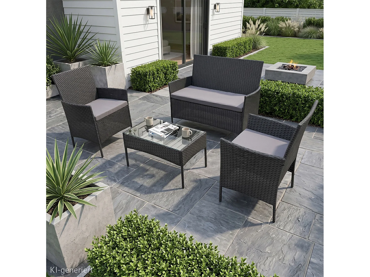 Ensemble de jardin SVITA BROOKLYN 4 pièces avec housse en polyrotin coussins noir