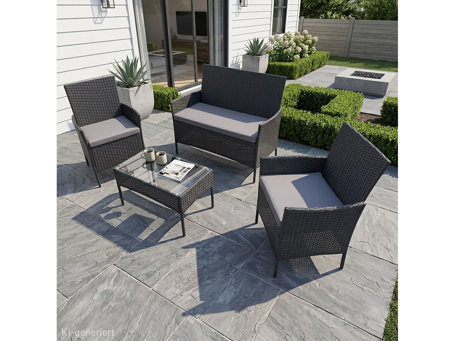 Ensemble de jardin SVITA BROOKLYN 4 pièces avec housse en polyrotin coussins noir