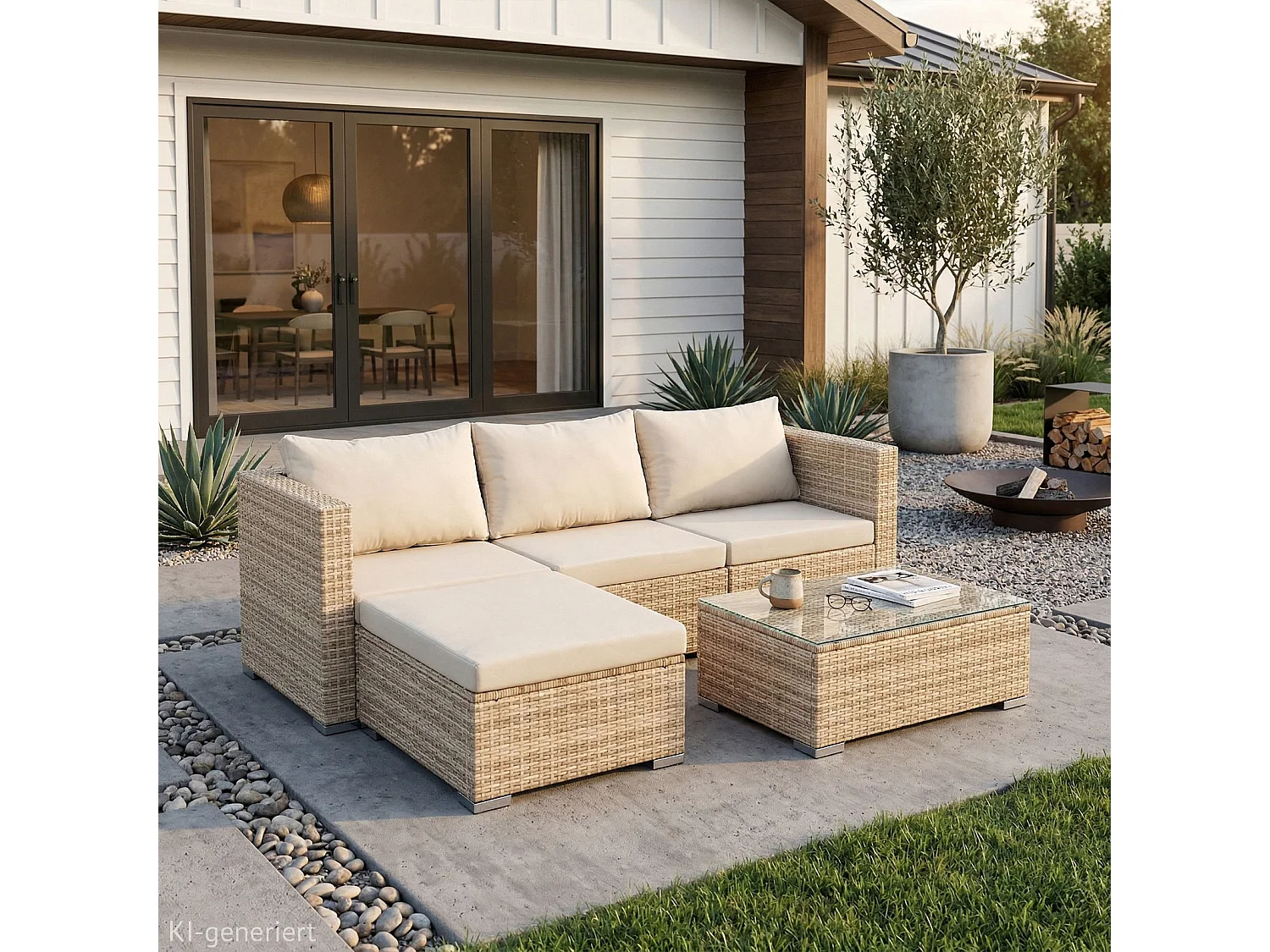 Ensemble de salon de jardin SVITA QUEENS 5 pièces canapé en polyrotin beige