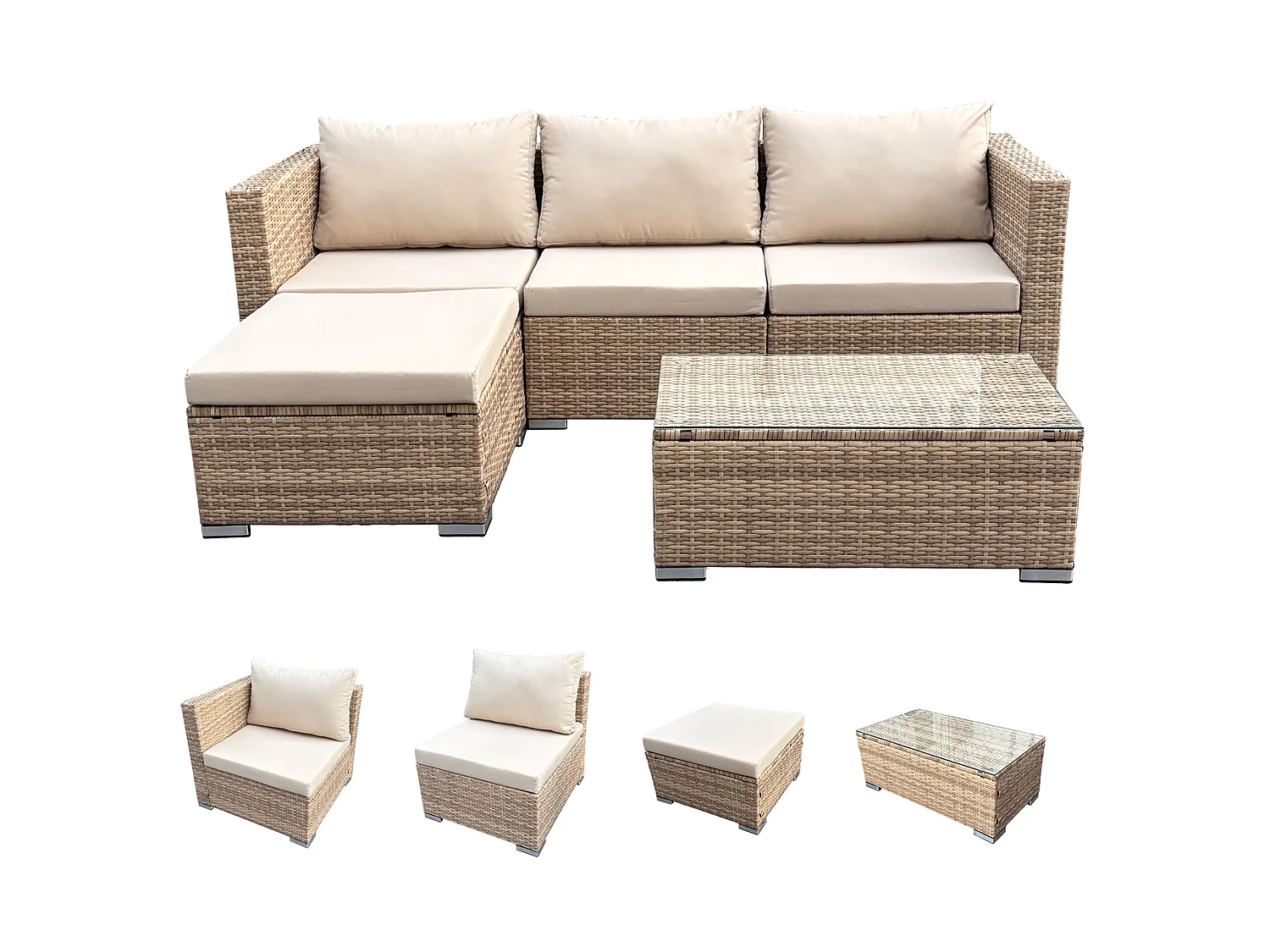 Ensemble de salon de jardin SVITA QUEENS 5 pièces canapé en polyrotin beige