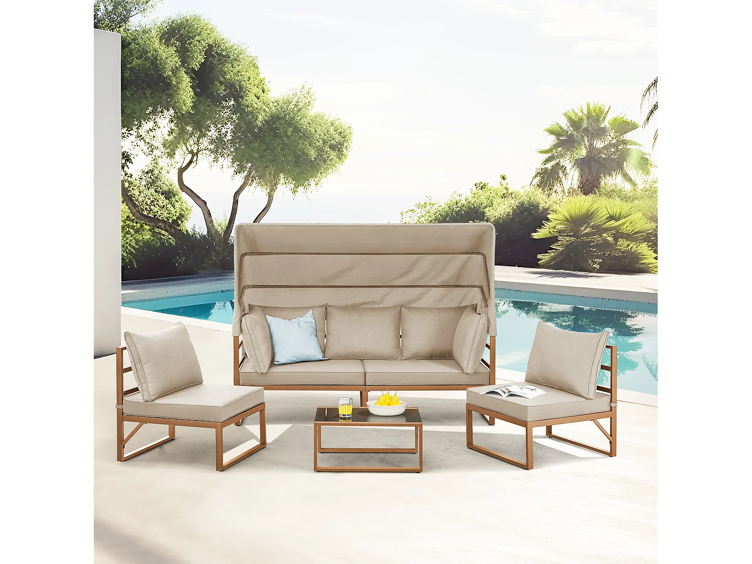 Ensemble de salon de jardin MAUI avec toit - Canapé d'extérieur en acier beigw